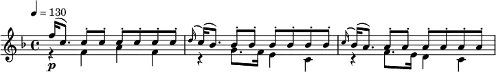 
\new Staff <<
  \new Voice \relative c'' {
    \key f \major
    \tempo 4 = 130
    \voiceOne
    f16(\p c8.) \repeat unfold 6 { c8-. } |
    \appoggiatura d16 c( bes8.) \repeat unfold 6 { bes8-. } |
    \appoggiatura c16 bes( a8.) \repeat unfold 6 { a8-. } |
  }
  \new Voice \relative c' {
    \voiceTwo
    r4 f a f |
    r4 g8. f16 e4 c |
    r4 f8. e16 d4 c |
  }
>>
