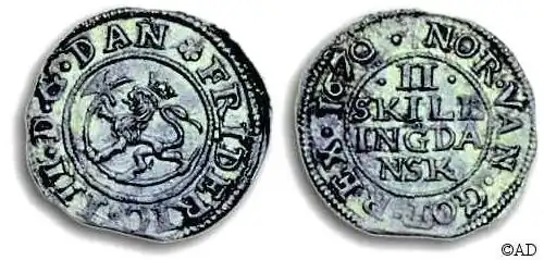 In Norwegen gemünzte 2-Schilling-Münze von 1670.