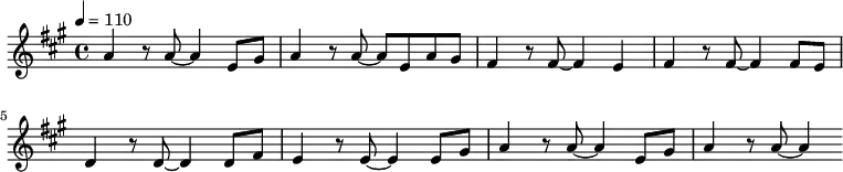 \relative c {
\key a \major
\tempo 4 = 110
a''4 r8 a8~ a4 e8 gis8 |a4 r8 a8~ a8 e8 a8 gis8 |
fis4 r8 fis8~ fis4 e4 |fis4 r8 fis8~ fis4 fis8 e8 |
d4 r8 d8~ d4 d8 fis8 |e4 r8 e8~ e4 e8 gis8 |
a4 r8 a8~ a4 e8 gis8 |a4 r8 a8~ a4
}