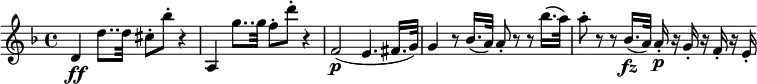 \relative d' { \key d \minor \time 4/4
d4 \ff d'8.. d32 cis8-. bes'-. r4 | a,,4 g''8.. g32 f8-. d'-. r4
f,,2( \p e4. fis16. g32) | g4 r8 bes16.( a32) a8-. r r bes'16.( a32)
a8-. r r bes,16.( \fz a32) a16-. \p r g-. r f-. r e-.
}
\layout { \context {\Score
\override SpacingSpanner.common-shortest-duration = #(ly:make-moment 1/8)
} }