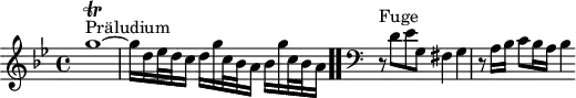 \version "2.18.2"
\header {
tagline = ##f
}
\score {
\new Staff \with {
%fontSize = #-2
}
<<
\relative c'' {
\key g \minor
\time 4/4
%% INCIPIT CBT I-16, BWV 861, sol mineur
s4*0^\markup{Präludium} g'1~\trill g16 d ees32 d c16 d g c,32 bes a16 bes16 g' c,32 bes a16
\bar ".."
\skip 8*1
%\once \override Staff.Clef.full-size-change = ##t
\override Staff.Clef.extra-offset = #'( -1 . 0 )
\clef bass
\partial 1
\relative c
r8^\markup{Fuge} d,8 ees g, fis4 g r8 a16 bes c8 bes16 a bes4
}
>>
\layout {
\context { \Score \remove "Metronome_mark_engraver"
\override SpacingSpanner.common-shortest-duration = #(ly:make-moment 1/2)
}
}
\midi {}
}