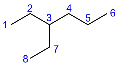 3-Ethylhexan mit nummerierten Atomen