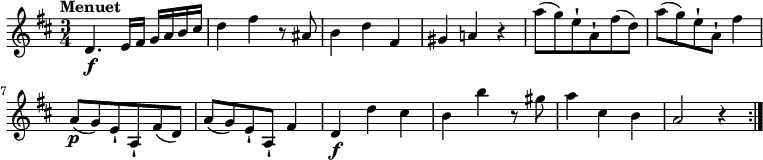 
 \relative c' { 
         \version "2.18.2"
         \clef "treble" 
         \tempo "Menuet" 
         \key d \major
         \time 3/4
                  d4. \f e16 fis g a b cis
                  d4 fis4 r8 ais,8
                  b4 d fis,
                  gis a! r4
                  a'8 (g) e-! a,-! fis' (d)
                  a'8 (g) e-! a,-! fis'4    
                  a,8\p (g) e-! a,-! fis' (d)
                  a'8 (g) e-! a,-! fis'4
                  d4\f d' cis
                  b b' r8 gis8
                  a4 cis, b
                  a2 r4 \bar ":|."
}
