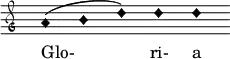  { \clef "petrucci-g" \override Staff.TimeSignature #'stencil = ##f \set Score.timing = ##f \override Voice.NoteHead #'style = #'harmonic-black  a'1 (b'1 d''1) d''1 d''1 } \addlyrics { Glo- ri- a } 