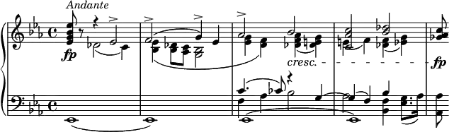 {
\set Score.tempoHideNote = ##t
\new PianoStaff <<
\new Staff { \clef violin \key es \major \time 4/4 \tempo 4 = 100
<es' g' bes' es''>8^\markup{\italic{Andante}}\fp r
<< { \voiceOne
r4 es'2->
f'2->( g'4->) es'
as'2-> bes'\cresc
<c' as' c''>2 <bes' des''>
}
\new Voice { \voiceTwo
des'2( c'4)
<bes es'>4( <bes des'>8 <as c'> <g bes>2
<es' g'>4( <d' f'>) <des' f' as'>( <des' e' g'>)
e'4( f') <des' f'>( <es' g'>)
} >> \oneVoice
<ges' as' c''>8\fp
}
\new Staff { \clef bass \key es \major \time 4/4
es,1(
es,1)
<< { \voiceOne
c'4.( ces'8) r4 g4~
g4( f) bes4
}
\new Voice { \voiceTwo
f4 as bes2
as2 <bes, f>4 <es g>8.( as16)
}
\new Voice { \voiceThree
es,1(
es,1)
} >> \oneVoice
<as, as>8
}
>>
}