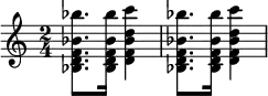 {\time 2/4 <bes d' f' bes' bes''>8. <bes d' f' bes' bes''>16 <d' f' bes' d'' c'''>4 <bes d' f' bes' bes''>8. <bes d' f' bes' bes''>16 <d' f' bes' d'' c'''>4}