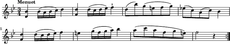 \relative c'' {
\version "2.18.2"
\clef "treble"
\tempo "Menuet"
\key bes \major
\time 3/4
<d, bes'>4 bes'16 (a bes c) d4
<f, d'>4 d'16 (c d ees ) f4-!
d8 (bes') g (e f g)
ees! (c) a (c) bes4
<f d'>4 d'16 (c d ees ) f4
e4 g16 (f g a ) bes4
a8 (c a f g e)
f2 r4 \bar ":|."
}