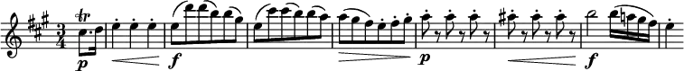 \relative cis'' {
\key a \major \time 3/4
\partial 4 cis8. \trill \p d16 | e4-. \< e-. e-. | e8( \f d') d( b) b( gis)
e8( cis') cis( b) b( a) | a8( \> gis fis) e-. fis-. gis-.
a8-. \p r a-. r a-. r | ais8-. \< r ais-. r ais-. r
b2 \f b16( a! gis fis) | e4-.
}