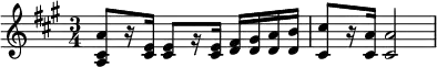 {\key a \major \time 3/4 <a cis' a'>8[ r16 <cis' e'>] <cis' e'>8[ r16 <cis' e'>] <d' fis'>16 <d' gis'> <d' a'> <d' b'> <cis' cis''>8[ r16 <cis' a'>] <cis' a'>2}