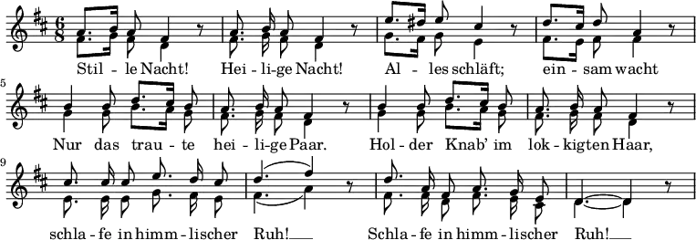
<<
\new Staff <<
  \new Voice="melody" \relative c'' {
    \autoBeamOff
\tempo 4 = 60 \set Score.tempoHideNote = ##t
    \voiceOne
    \language "deutsch"
    \key d \major
    \time 6/8
    a8. [ h16 ] a8 fis4 h8\rest
    a8. h16 a8 fis4 h8\rest
    e8. [ dis16 ] e8 cis4 h8\rest
    d8. [ cis16 ] d8 a4 h8\rest
    h4 h8 d8. [ cis16 ] h8
    a8. h16 a8 fis4 h8\rest
    h4 h8 d8. [ cis16 ] h8
    a8. h16 a8 fis4 h8\rest
    cis8. cis16 cis8 e8. d16 cis8
    d4. ( fis4 ) h,8\rest
    d8. a16 fis8 a8. g16 e8
    d4.~ d4 h'8\rest
  }

  \new Voice \relative c' {
    \voiceTwo
    \autoBeamOff
    %\omit "Rest_engraver"
    fis8. [ g16 ] fis8 d4 s8
    fis8. g16 fis8 d4 s8
    g8. [ fis16 ] g8 e4 s8
    fis8. [ e16 ] fis8 fis4 s8
    g4 g8 h8. [ a16 ] g8
    fis8. g16 fis8 d4 s8
    g4 g8 h8. [ a16 ] g8
    fis8. g16 fis8 d4 s8
    e8. e16 e8 g8. fis16 e8
    fis4. ( a4 ) s8
    fis8. fis16 d8 fis8. e16 cis8
    d4.~ d4
  }
>>

\new Lyrics \lyricsto "melody" {
  Stil -- le Nacht! Hei -- li -- ge Nacht!
  Al -- les schläft; ein -- sam wacht
  Nur das trau -- te hei -- li -- ge Paar.
  Hol -- der Knab’ im lok -- kig -- ten Haar,
  schla -- fe in himm -- li -- scher Ruh! __
  Schla -- fe in himm -- li -- scher Ruh! __
}
>>
