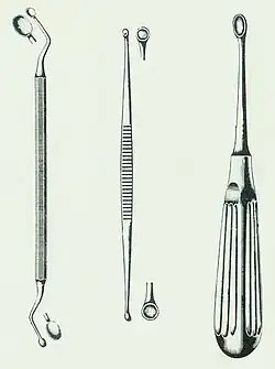 Verschiedene scharfe Löffel. Rechts: Zystenlöffel.