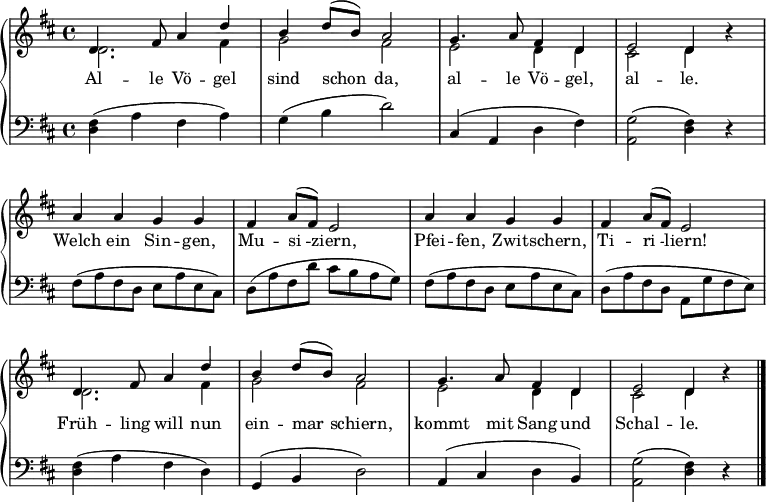 
\language "deutsch" 
\header { tagline = ##f }
\score
{
  { \new PianoStaff <<
    \new Staff \with { \consists "Merge_rests_engraver" } {
      \key d \major \relative g' <<
        { \voiceOne
          d4. fis8 a4 d | h d8 (h) a2 | g4. a8 fis4 d | e2 d4 r |
          \repeat unfold 2 {a' a g g | fis a8( fis) e2 | }
          d4. fis8 a4 d | h d8 (h) a2 | g4. a8 fis4 d | e2 d4 r \bar "|."
        }
        \addlyrics {
        Al -- le Vö -- gel sind schon_ da,
        al -- le Vö -- gel, al -- le.
        Welch ein Sin -- gen, Mu -- si_ -- ziern,
        Pfei -- fen, Zwit -- schern, Ti -- ri_ -- liern!
        Früh -- ling will nun ein -- mar_ -- schiern,
        kommt mit Sang und Schal -- le. }
       \\
        { d2. fis4 | g2 fis |e d4 d | cis2 d4 r4 |
          s1 | s1 |s1 | s1 |
          d2. fis4 | g2 fis | e d4 d | cis2 d4 r
        }
    \new Staff { \clef bass
      << \key d \major \relative g
      { <fis d>4 (a fis a) | g (h d2) | cis,4 (a d fis) | <g a,>2 (<fis d>4) r4 |
        fis8\pp (a fis d e a e cis) | d (a' fis d' cis h a g) |
        fis8 (a fis d e a e cis) | d (a' fis d a g' fis e) |
        <fis d>4\mf (a fis d) | g, (h d2) | a4 (cis d h) | <g' a,>2 (<fis d>4) r4
      }
      >>
    }
    >>
    }
  >>
  }
  \layout { indent = 0
    \context { \Score \remove "Bar_number_engraver" }
    \context { \Voice \remove "Dynamic_engraver" } }
  \midi { \tempo 4 = 132 }
}
