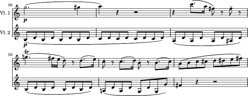 <<
\new Staff \with { instrumentName = #"Vl. 1 "} \relative c'' {
\version "2.18.2"
\key c \major
\set Score.tempoHideNote = ##t
\time 4/4
\set Staff.midiInstrument = "violin"
\tempo 4 = 140
\omit Staff.TimeSignature
\set Score.currentBarNumber = #56
\bar "" % enforce bar number at the very beginning
g'2.\p( gis4 |
a) r4 r2 |
r4 c8.( a16 fis8) r8 fis-. r8 |
g!4.\trill( fis16 e d8) r8 d8.( e16) |
c8-. r8 c8.( d16) b8-. r8 b8.( c16) |
a8( b c cis d dis e fis) |
}
\new Staff \with { instrumentName = #"Vl. 2 "} \relative c'' {
\key c \major
\time 4/4
\set Staff.midiInstrument = "violin"
\omit Staff.TimeSignature
b,8\p( d b d b d b d |
c d c d c d c d) |
a( d a d a d ais d) |
b( d b d b d b d) |
a!( d a d g, d' g, g') |
fis4 r4 r2 |
}
>>