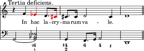\version "2.14.2"
\header {
tagline = ##f
}
melody = \relative c' {
\override Score.TimeSignature.stencil=##f
\key c \major
\time 2/2
\tempo 4 = 72
\once \override Score.RehearsalMark.self-alignment-X = #LEFT \mark "Tertia deficiens." r4 f \tweak NoteHead.color #red \tweak Stem.color #red \tweak Accidental.color #red es d8. \tweak NoteHead.color #red \tweak Stem.color #red \tweak Accidental.color #red cis16 | cis8. cis16 d2 cis4 | d1 \bar "||" }
\addlyrics { In hac la -- cry -- ma -- rum va -- le. }
bass = \relative c {
\override Score.TimeSignature.stencil=##f
\clef bass
\key c \major
\time 2/2
\tempo 4 = 72
g2~ <g bes es> | g4 f8. g16 a2 d,1 }
\score {
\new pianoStaff
<< \new Staff = "melody" \melody
\new Staff = "bass" \bass
\new FiguredBass { \figuremode { s2 <6- _->2 <4+ 2>4 <6>4 | <4> <_+> } } >>
\layout {
\override Staff.TimeSignature.transparent =##t
\context {
\Score
\remove "Metronome_mark_engraver"
\remove "Staff_collecting_engraver"
\remove "Bar_number_engraver"
}
indent = 0
}
\midi { }
}