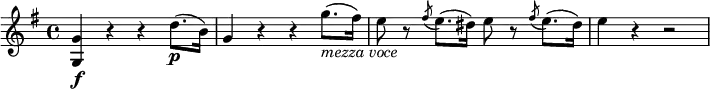 \relative g' {
\key g \major \time 4/4
<g g,>4 \f r r d'8.( \p b16)
g4 r r g'8.( _\markup { \italic "mezza voce" } fis16)
e8 r \acciaccatura fis8 e8.( dis16) e8 r \acciaccatura fis8 e8.( dis16)
e4 r r2
}