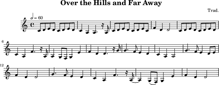
X:1
T:Over the Hills and Far Away
C:Trad.
M:4/4
L:1/4
Q:1/2 60
K:C
C/2-D/2E/2-D/2C/2-D/2E/2-D/2| C A, A,3/2 z/4 A,/4|C/2-D/2E/2-D/2C/2-D/2E/2-C/2|\
 F D D2|C/2-D/2E/2-D/2C/2-D/2E/2-D/2| C A, F3/2 z/4 A,/4| A,G,/2-F,/2 G, E|\
 F D D3/2 z/4 G/4| G3/2 F/2 E D| C A, A,2| G3/2 F/2 ED/2-E/2| F D D2|\
 G3/2 F/2 E D| C A, F3/2 z/4 A,/4-| A, (G,/2 F,/2) G, E| F D D2|
