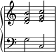{
\new PianoStaff <<
\new Staff \with { \remove "Time_signature_engraver" } { \clef violin \key c \major << { d'2} {f'2 } { b'2 } >> << {e'2} {g'2} {c''2} >> }
\new Staff \with { \remove "Time_signature_engraver" } { \clef bass \key c \major << { g2 } >> <<{c2} >> }
>> }