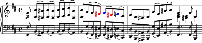 \version "2.14.2"
\header {
tagline = ##f
}
upper = \relative c'' {
%\set Score.currentBarNumber = #44
\clef treble
\key b \minor
\time 4/4
\tempo 4 = 85
<< { \partial 8 fis,8\p | <b, b'>( <ais ais'>) <b b'>( <ais ais'>) | <b b'>( <cis cis'>) <d d'>( <ais ais'>) | <b b'> g'( fis \tweak NoteHead.color #red \tweak Stem.color #red \tweak Accidental.color #red eis) \tweak NoteHead.color #blue \tweak Stem.color #blue \tweak Accidental.color #blue fis( \tweak NoteHead.color #red \tweak Stem.color #red \tweak Accidental.color #red dis) \tweak NoteHead.color #blue \tweak Stem.color #blue e( cis) | d b ais b g'( e) ais( b) | fis4. fis8 b,4 }
\\
{ \partial 8 s8 | s1 s1 s1 <b d>4 <ais cis> b }
>>
}
lower = \relative c {
\clef bass
\key b \minor
\time 4/4
\tempo 4 = 85
{ \partial 8 <fis fis,>8 | b,( ais) b( ais) | b( cis) d( ais) | b <g g'>( <fis' fis,> <eis eis,>) <fis fis,>( <dis dis,>) <e e,>( <cis cis,>) | <d d,> <b b,> <ais ais,> <b b,> <g g'>( <e e'>) <ais ais'>( <b b'>) | <fis fis'>4. <fis fis'>8 <b, b'>4 }
}
\paper { indent = 0 }
\score {
\new PianoStaff <<
\new Staff = "upper" \upper
\new Staff = "lower" \lower
>>
\layout {
\context {
\Score
\remove "Metronome_mark_engraver"
}
}
\midi { }
}