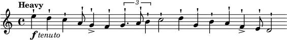 \new Score {
\new Staff {
\relative c'' {
\clef treble
\key c \major
\tempo "Heavy"
\cadenzaOn
e4^!-\markup {\dynamic f \italic tenuto} d^! c^! a8^! g4^!-> f^! \tuplet 3/2 {g4.^! a8^! b4^!} c2^! d4^! g,^! b^! a^! f^!-> e8^! d2^!
}
}
}