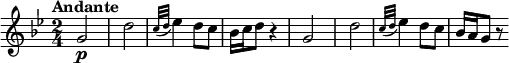 
\relative c'' {
  \version "2.18.2"
  \key bes \major
  \tempo "Andante"
  \time 2/4
   \tempo 4 = 50
   g2\p d'
   \grace {c32 (d} ees4) d8 c
   bes16 c d8 r4
   g,2 d'
   \grace {c32 (d32} ees4) d8 c8
   bes16 a g8 r8
}
