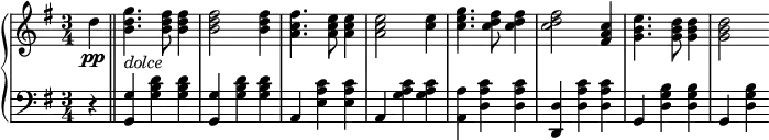 
 \relative b' {
  \new PianoStaff <<
   \new Staff { \key e \minor \time 3/4
    \tempo \markup { 
     \column {
   }
    }
    \partial 4 d\pp \bar "||" <b d g>4._\markup { \italic dolce } <b d fis>8 <b d fis>4 <b d fis>2 <b d fis>4 <a c fis>4. <a c e>8 <a c e>4 <a c e>2 <c e>4 <c e g>4. <c d fis>8 <c d fis>4 <c d fis>2 <fis, a c>4 <g b e>4. <g b d>8 <g b d>4 <g b d>2
   }
   \new Staff { \key e \minor \time 3/4 \clef bass
    r4 <g,, g'> <g' b d> <g b d> <g, g'> <g' b d> <g b d> a, <e' a c> <e a c> a, <g' a c> <g a c> <a, a'> <d a' c> <d a' c> <d d,> <d a' c> <d a' c> g, <d' g b> <d g b> g, <d' g b> }
  >>
 }
