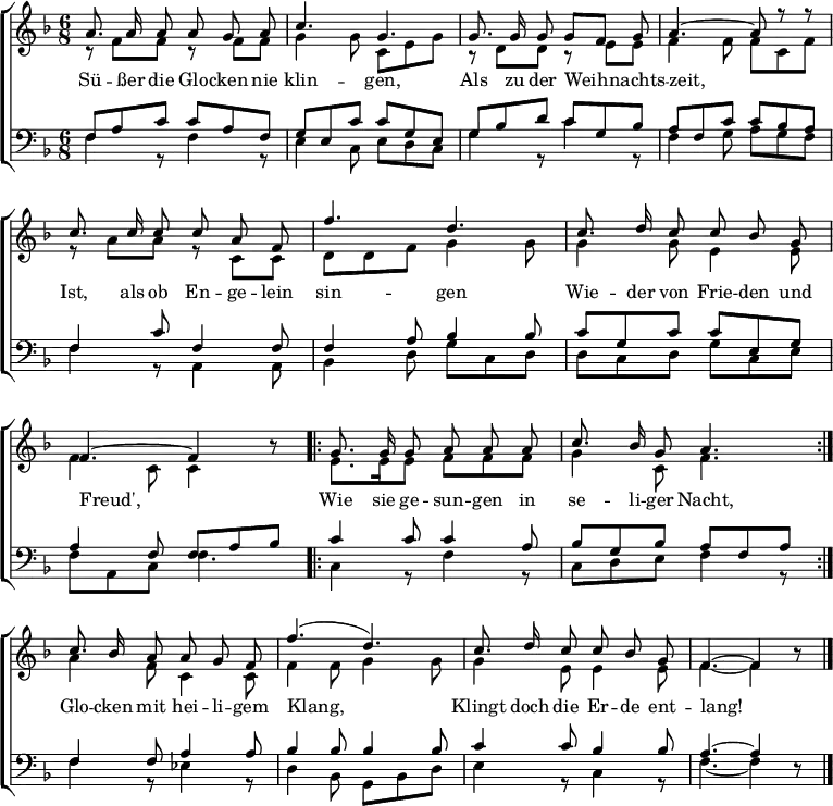 
\header { tagline = ##f }
\layout { indent = 0
  \context { \Score \remove "Bar_number_engraver" }
  \context { \Voice \remove "Dynamic_engraver" }
}
global = {
  \key f \major
  \numericTimeSignature
  \time 6/8
}

% Stimmen ohne angehängtes "A" können für eine alternative Harmonisierung verwendet werden.
soprano = \relative c'' {
  \global \autoBeamOff \set midiInstrument = "celesta"
  a8. a16 a8 a g a | c4 (bes8) g4. |
  g8. g16 g8 g [f] g | a4.~ a4 r8 |
  c8. c16 c8 c a f | f'4 (d8) d4. |
  c8. d16 c8 c bes g | f4.~ f4 r8 |
  \repeat volta 2 { g8.g16 bes8 a a c | c8. bes16 a8 g4. | }
  c8. bes16 a8 a g f | f'4. (d) |
  c8. d16 c8 c bes g | f4.~ f4 r8 \bar "|."
}
sopranoA = \relative c'' {
  \global \autoBeamOff \set Voice.midiPanPosition = -0.5 \set midiInstrument = "celesta"
  a8. a16 a8 a g a | c4. g4. |
  g8. g16 g8 g [f] g | a4.~ a8 r8 r8 |
  c8. c16 c8 c a f | f'4. d4. |
  c8. d16 c8 c bes g | f4.~ f4 r8 |
  \repeat volta 2 { g8. g16 g8 a a a | c8. bes16 g8 a4. | }
  c8. bes16 a8 a g f | f'4. (d) |
  c8. d16 c8 c bes g | f4.~ f4 r8 \bar "|."
}
% (Alternative)
alto = \relative c' {
  \global \autoBeamOff \set midiInstrument = "vibraphone"
  f8.\pp f16 f8 f f f | g4. c,4. |
  e8. e16 e8 e [d] e | f4.~ f4 r8 |
  f8. f16 f8 f f f | f4. f4. |
  f8. f16 f8 e e e | c4.~ c4 r8 |
  \repeat volta 2 { e8. e16 g8 f f a | e8. e16 f8 e4. | }
  f8. e16 f8 f e f | f4.~ f |
  f8. f16 f8 e e e | c4.~ c4 r8 \bar "|."
}
altoA = \relative c' {
  \global \set Voice.midiPanPosition = 0.5 \set midiInstrument = "vibraphone"
  r8\pp f f r f f | g4 g8 c, e g |
  r d d r e e | f4 f8 f c f |
  r a a r c, c | d d f g4 g8 |
  g4 g8 e4 e8 | f4 c8 c4 r8 |
  \repeat volta 2 { e8. e16 e8 f f f | g4 c,8 f4. | }
  a4 f8 c4 c8 | f4 f8 g4 g8 | g4 e8 e4 e8 | f4.~ f4 r8 \bar "|."
}
% (Alternative)
tenor = \relative c' {
  \global \autoBeamOff \set midiInstrument = "clav"
  c8.\pp c16 c8 c bes c | g4. g4. |
  c8. c16 c8 c4 c8 | c4.~ c4 r8 |
  a8. a16 a8 a c a | d4 (bes8) bes4. |
  a8. bes16 a8 g c bes | a4.~ a4 r8 |
  \repeat volta 2 { c8. c16 c8 c a f | g8. g16 f8 c'4. | }
  c8. c16 c8 c bes a | d4. (bes) |
  a8. bes16 a8 g c bes | a4.~ a4 r8 \bar "|."
}
tenorA = \relative c {
  \global \set Voice.midiPanPosition = -1 \set midiInstrument = "clav"
  f8\pppp a c c a f | g e c' c g e |
  g bes d c g bes | a f c' c bes a |
  f4 c'8 f,4 f8 | f4 a8 bes4 bes8 |
  c g c c e, g | a4 f8 f a bes |
  \repeat volta 2 { c4 c8 c4 a8 | bes g bes a f a | }
  f4 f8 a4 a8 | bes4 bes8 bes4 bes8 |
  c4 c8 bes4 bes8 | a4.~ a4 r8 \bar "|."
}
% (Alternative)
bass = \relative c {
  \global \autoBeamOff \set midiInstrument = "orchestral harp"
  f8.\pp f16 f8 f f f | e4. e |
  c8. c16 c8 c4 c8 | f4.~ f4 r8 |
  f8. f16 f8 f f f | bes,4. bes |
  c8. c16 c8 c c c | f4.~ f4 r8 |
  \repeat volta 2 { c8. c16 c8 c c c | c8. c16 c8 c4. | }
  a'8. g16 f8 f f f | bes,4.~ bes |
  c8. c16 c8 c c c | f4.~ f4 r8 \bar "|."
}
bassA = \relative c {
  \global \set Voice.midiPanPosition = 1 \set midiInstrument = "orchestral harp"
  f4\pp r8 f4 r8 | e4 c8 e d c |
  g'4 r8 c4 r8 | f,4 g8 a g f |
  f4 r8 a,4 a8 | bes4 d8 g c, d |
  d c d g c, e | f a, c f4. |
  \repeat volta 2 { c4 r8 f4 r8 | c d e f4 r8 | }
  f4 r8 es4 r8 | d4 bes8 g bes d |
  e4 r8 c4 r8 | f4.~ f4 r8 \bar "|."
}
verse = \lyricmode {
  Sü -- ßer die Glo -- cken nie klin -- gen,
  Als zu der Weih -- nachts -- zeit,
  Ist, als ob En -- ge -- lein sin -- gen
  Wie -- der von Frie -- den und Freud',
  Wie sie ge -- sun -- gen in se -- li -- ger Nacht,
  Glo -- cken mit hei -- li -- gem Klang,
  Klingt doch die Er -- de ent -- lang!
}

\score {
  \new ChoirStaff <<
    \new Staff \with { \consists "Merge_rests_engraver" }
    <<
      \new Voice = "soprano" { \voiceOne \sopranoA }
      \addlyrics { \verse }
      \new Voice = "alto" { \voiceTwo \altoA }
    >>
    \new Staff \with { \consists "Merge_rests_engraver" }
    <<
      \clef bass
      \new Voice = "tenor" { \voiceOne \tenorA }
      \new Voice = "bass" { \voiceTwo \bassA }
    >>
  >>
  \layout { }
}
\score { \unfoldRepeats
         { << \sopranoA \\ \altoA \\ \tenorA \\ \bassA >> }
         \midi {
           \tempo 4.=56
           \context { \Score midiChannelMapping = #'instrument }
           \context { \Staff \remove "Staff_performer" }
           \context { \Voice \consists "Staff_performer" }
         }
}
