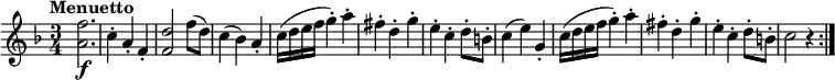 
\relative c' { 
   \version "2.18.2"
   \clef "treble" 
   \tempo "Menuetto" 
   \key f  \major
   \time 3/4
  <a' f'>2. \f 
  c4-. a-. f-.
  <f d'>2 f'8 (d)
  c4 (bes) a-.
  c16 (d e f g4-.) a-.
  fis-. d-. g-.
  e-. c-. d8-. b-.
  c4 (e) g,-.
  c16 (d e f g4-.) a-.
  fis-. d-. g-.
  e-. c-. d8-. b-.
  c2 r4 \bar ":|."
} 
