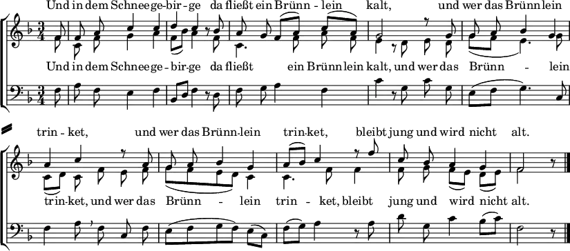 
% Mit Heller Stimm' Hrsg. Adolf Strube, Berlin (1964): Edition Merseburger 371, S. 110–111
\language "deutsch"
\header { tagline = ##f }
\paper {
  system-system-spacing.basic-distance = #14
  system-separator-markup = \slashSeparator
  paper-width = 225\mm %160\mm
}
\layout { indent = 0
  \context { \Score \remove "Bar_number_engraver" }
  \context { \Voice \remove "Dynamic_engraver" }
}

global = { \key f \major \time 3/4 \partial 8 \autoBeamOff }

soprano = \relative c' { \global \set midiInstrument = "flute"
  f8 | f a c4 c | d c r8
  b8 | a g f ([a]) c ([a]) | g2 r8
  g8 | g a b4 g | a c r8
  a | g a b4 g | a8 ([b]) c4 r8
  f | c b a4 g | f2 r8 \bar "|."
}

alto = \relative c' { \global \set midiInstrument = "flute" \set midiInstrument = "flute"
  f8\p | c f g4 a | f8 ([b]) a4 r8
  f | c4. f8 a f | e4 r8
  d e d | g ([f] e4.) g8 | c, [(d)] c
  f e f | g ([f e d]) c4 | c4. f8
  f4 | f8 g f ([e]) d ([e]) | f2 r8 \bar "|."
}

tenor = \relative c { \global \oneVoice \set midiInstrument = "clarinet"
  f8\p | a f e4 f | b,8 [d] f4 r8
  d | f g a4 f | c' r8
  g c g | e ([f] g4.) c,8 | f4 a8 \breathe
  f c f | e ([f g f]) e ([c]) | f ([g]) a4 r8
  a | d g, c4 b8 ([c]) | f,2 r8 \bar "|."
}

verse = \lyricmode {
  Und in dem Schnee -- ge -- bir -- ge
  da fließt ein Brünn -- lein kalt,
  \repeat unfold 2 { und wer das Brünn -- lein trin -- ket, }
  bleibt jung und wird nicht alt.
}
  
\score {
  <<
    \new ChoirStaff
    <<
    \new Staff ="staff" \with { \consists "Merge_rests_engraver" }
      <<
      \new Voice = "soprano" { \voiceOne \soprano }
      \new Voice = "alto" { \voiceTwo \alto }
      >>
    \new Lyrics \with { alignAboveContext = "staff" } \lyricsto "soprano" \verse
    \new Lyrics \with { alignBelowContext = "staff" } \lyricsto "alto" \verse
    \new Staff
      <<
        \clef bass
        \new Voice = "tenor" \tenor
      >>
    >>
  >>
  \layout { }
  \midi { \tempo 4=102
    \context { \Score midiChannelMapping = #'instrument }
    \context { \Staff \remove "Staff_performer" }
    \context { \Voice \consists "Staff_performer" }
  }
}
