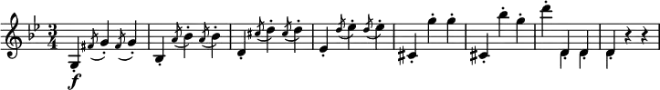 \relative g {
\key g \minor \time 3/4
g4-. \f \acciaccatura fis'8 g4-. \acciaccatura fis8 g4-.
bes,4-. \acciaccatura a'8 bes4-. \acciaccatura a8 bes4-.
d,4-. \acciaccatura cis'8 d4-. \acciaccatura cis8 d4-.
es,4-. \acciaccatura d'8 es4-. \acciaccatura d8 es4-.
cis,4-. g''-. g-. | cis,,4-. bes''-. g-.
d'4-. << \new Voice { \stemUp d,,-. d-. d-. } \new Voice { \stemDown d d d } >> r r
}