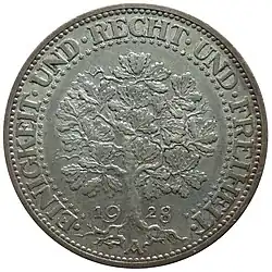 Wertseite der 5 RM Kursmünze, geprägt von 1927 bis 1933.