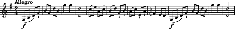 
\relative c'' {
    \version "2.18.2"
    \key g \major
    \tempo "Allegro"
    \time 2/4
    \tempo 4 = 150
  g,8\f (b d) g-! 
  b g d' b
  g'4 g 
  < d, d'>2
  c'8 (e) a,-! c-!
  b (d) g,-! b-!
  a (c) e,-! a-!
  \grace g16 (fis4) e8 d
   g,8\f (b d) g-! 
  b g d' b
  g'4 g 
  < d, d'>2
  }
