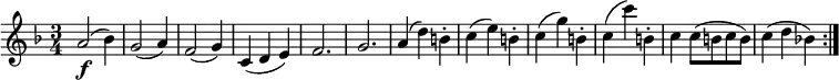 { \relative a' { \key f \major \time 3/4
a2( \f bes4) | g2( a4) | f2( g4) | c,4( d e) | f2. | g2. | a4-( d-) b-. | c4( e) b-. |
c4( g') b,-. | c4( c') b,-. | c4 c8( b c b) | c4( d bes!) \bar ":|." }}