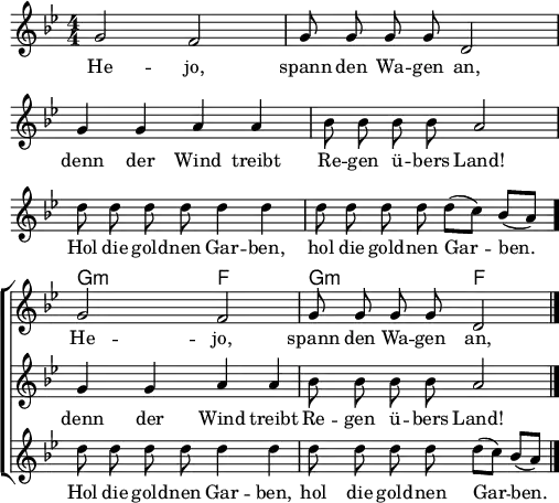 
\language "deutsch"
\header { tagline = ##f }
\paper { paper-width = 145\mm }
\layout { indent = 0
  \context { \Score \remove "Bar_number_engraver" }
  \context { \Staff \RemoveAllEmptyStaves}
}
global = { \key g \minor \numericTimeSignature \time 4/4 \autoBeamOff }
skipBars = { \global \skip 1*6 }
kords = \chordmode { \skipBars \repeat unfold 2 { g2:m f | } }
canonA = { g'2 f' | g'8 g' g' g' d'2 | \break }
canonB = { g'4 g' a' a' | b'8 b' b' b' a'2 | \break }
canonC = { d''8 d'' d'' d'' d''4 d'' | d''8 d'' d'' d'' d'' ([c'']) b' ([a']) | \break }

verseA = \lyricmode { He -- jo, spann den Wa -- gen an, }
verseB = \lyricmode { denn der Wind treibt Re -- gen ü -- bers Land! }
verseC = \lyricmode { Hol die gold -- nen Gar -- ben, hol die gold -- nen Gar -- ben. }

\score {
  <<
    \new ChordNames \kords
    \new ChoirStaff
    <<
      \new Staff { \global \canonA \canonB \canonC \bar "." } \addlyrics { \verseA \verseB \verseC }
      \new Staff { \skipBars \canonA } \addlyrics \verseA
      \new Staff { \skipBars \canonB } \addlyrics \verseB
      \new Staff { \skipBars \canonC \bar "|." } \addlyrics \verseC
    >>
  >>
  \layout { }
}
\score {
  \midi { \context { \Score midiInstrument = "clarinet" } \tempo 4=120 }
  { \global \canonA \canonB \canonC \time 1/4 r4 \tempo 4 = 102
  { << \canonA \\ \canonB \\ \canonC >> }
  { << \canonA \\ \canonB >> }
  { \canonA }
  }
}
