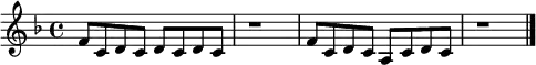 \relative c' { \key f \major \time 4/4 \tempo 4 = 180 \set Score.tempoHideNote = ##t \autoBeamOff f8[ c8 d8 c8] d8[ c8 d8 c8] | r1 | f8[ c8 d8 c8] a8[ c8 d8 c8] | r1 | \bar "|." } 