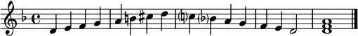 \relative c' { \tempo 4 = 160 \set Score.tempoHideNote = ##t
\key d \minor
d e f g | a b cis d | c? bes? a g | f e d2 | << d1 f a >> \bar "|."
}