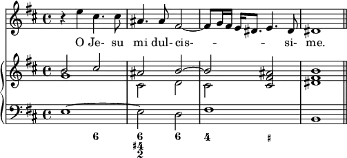 \version "2.14.2"
\header {
tagline = ##f
}
melody = \relative c'' {
\clef treble
\key b \minor
\time 4/4
\tempo 2 = 54
r4 e cis4. cis8 ais4. ais8 fis2 ~ fis8 g16 fis e dis8. e4. dis8 dis1 \bar "||"
}
text = \lyricmode {
O Je- su mi dul- cis- -- _ _ _ _ _ si- me.
}
upper = \relative c'' {
\clef treble
\key b \minor
<<
{
\voiceOne
b2 cis ais b ~ b <cis, fis ais> <dis fis b>1
}
\new Voice {
\voiceTwo
g1 cis,2 d cis
}
>>
}
lower = \relative c {
\clef bass
\key b \minor
e1 ~ e2 d fis1 b,
}
\score {
<<
\new Voice = "mel" { \melody }
\new Lyrics \lyricsto mel \text
\new PianoStaff <<
\new Staff = "upper" \upper
\new Staff = "lower" \lower
\new FiguredBass {
\figuremode { s2 <6> <6 4+ 2> <6> <4> <_+> }
}
>>
>>
\layout {
\context {
\Score
\remove "Metronome_mark_engraver" }
}
\midi { }
}