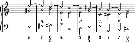 
\new PianoStaff <<
<< % wegen Generalbass
   \new Staff <<
    \set Score.tempoHideNote = ##t
    \tempo 4 = 160
    \override Staff.TimeSignature.transparent = ##t
     <<
     \new Voice = "first"
       \relative c''
         { \voiceOne s2 e ~ e d ~ d c ~ c bes ~ bes a ~ a g \bar "" }
     \new Voice = "second"
       \relative c'
         { \voiceTwo s2 gis' a b e, e f g c, cis d e }
     >>
     >>
    \new Staff <<
           \override Staff.TimeSignature.transparent = ##t
              \clef "bass"
              \relative c { s e fis^\markup { \italic "6." } gis a^\markup { \italic "1." } c, d^\markup { \italic "6." } e f^\markup { \italic "1." } a, b^\markup { \italic "6." } cis }
     >>
 >>
  \new FiguredBass {
    \figuremode { <_>2 <_+> <7> <6 5> <4> <_> <7> <6 5> <4> <_+> <7> <6 5> }
   }
>> % wegen Generalbass
