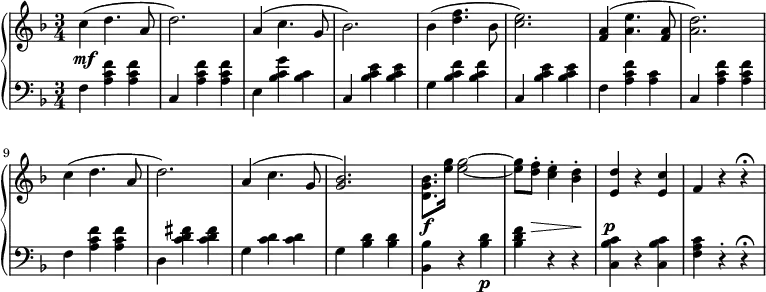 
 \relative b' {
  \new PianoStaff <<
   \new Staff { \key d \minor \time 3/4
    c( d4. a8 d2.) a4( c4. g8 bes2.) bes4( <d f>4. bes8 <c e>2.) <f, a>4( <a e'>4. <f a>8 <a d>2.) c4( d4. a8 d2.) a4( c4. g8 <g bes>2.) <d g bes>8. <e' g>16 <e g>2~ <e g>8 <d f>-. <c e>4-. <bes d>-. <d e,>4 r <c e,> f, r r\fermata
   }
   \new Dynamics {
    s\mf s4. s8 s2. s4 s4. s8 s2. s4 s4. s8 s2. s4 s4. s8 s2. s4 s4. s8 s2. s4 s4. s8 s2. s8.\f s16 s2~ s8 s\> s4 s\! s\p s s s s s
    }
   \new Staff { \key d \minor \time 3/4 \clef bass
    f,4 <a c f> <a c f> c, <a' c f> <a c f> e <bes' c g'> <bes c> c, <bes' c e> <bes c e> g <bes c f> <bes c f> c, <bes' c e> <bes c e> f4 <a c f> <a c> c, <a' c f> <a c f> f <a c f> <a c f> d, <c' d fis> <c d fis> g <c d> <c d> g <bes d> <bes d> <bes bes,> r <bes d>\p <bes d f> r r <bes c c,> r <bes c c,> <f a c> r-. r\fermata
   }
  >>
 }

