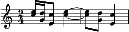 {\time 2/4 <c'' e''>16 <g' d''>16 <e' c''>8 <c'' e''>4 ~ <c'' e''>8 <g' d''>8 <e' c''>4}