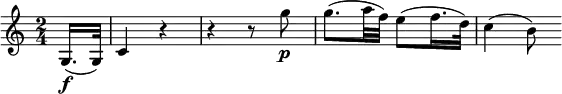 \relative g {
\key c \major \time 2/4
\partial 8 g16.( \f g32) | c4 r | r4 r8 g'' \p
g8.( a32 f) e8( f16. d32) | c4( b8)
}