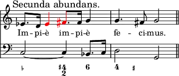 \version "2.14.2"
\header {
tagline = ##f
}
melody = \relative c' {
\override Score.TimeSignature.stencil=##f
\key c \major
\time 2/2
\tempo 4 = 72
\once \override Score.RehearsalMark.self-alignment-X = #LEFT \mark "Secunda abundans." es8. d16 \tweak NoteHead.color #red \tweak Stem.color #red \tweak Accidental.color #red es4 \tweak NoteHead.color #red \tweak Stem.color #red \tweak Accidental.color #red fis8. fis16 g4 | g4. fis8 g2 \bar "||"}
\addlyrics { Im -- pi -- è im -- pi -- è fe -- ci -- mus. }
bass = \relative c {
\override Score.TimeSignature.stencil=##f
\clef bass
\key c \major
\time 2/2
\tempo 4 = 72
c2~ c4 bes8. c16 | d2 g, }
\score {
\new pianoStaff
<< \new Staff = "melody" \melody
\new Staff = "bass" \bass
\new FiguredBass { \figuremode { <_->2 <4+ 2>4 <6>4 | <4> <_+> } } >>
\layout {
\override Staff.TimeSignature.transparent =##t
\context {
\Score
\remove "Metronome_mark_engraver"
% \remove "Staff_collecting_engraver"
\remove "Bar_number_engraver"
}
indent = 0
}
\midi { }
}