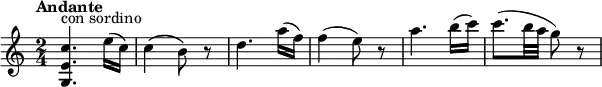 \relative c' {
\version "2.18.2"
\tempo "Andante"
\key c \major
\time 2/4
\tempo 4 = 70
<g e' c'>4.^\markup {con sordino} e''16 (c) c4 (b8) r8 d4. a'16 (f) f4 (e8) r8 a4. b16 (c) c8. (b32 a g8) r8
}