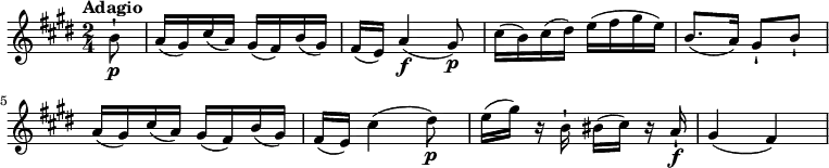 \relative c' {
\version "2.18.2"
\key e \major
\time 2/4
\tempo "Adagio"
\tempo 4 = 60
\partial 8 b'8-!\p
a16 (gis) cis (a) gis (fis) b (gis)
fis (e) a4\f (gis8)\p
cis16 (b) cis (dis) e (fis gis e)
b8. (a16) gis8-! b-!
a16 (gis) cis (a) gis (fis) b (gis)
fis (e) cis'4 (dis8\p)
e16 (gis) r16 b,16-! bis (cis) r16 a16-!\f
gis4 (fis)
}
