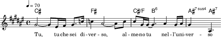 {
<< \new ChordNames { \chordmode { cis1 fis cis4/f b2.:6 ais4:7sus4 ais4.:7 } }
   \new Staff \relative f' { \tempo 4 = 70 \key fis \major \time 4/4 gis2~ gis8 eis16 fis gis8. c16 c4 ais2~ ais8 c cis gis16 gis~ gis4. ais4 gis16 ais gis4 ais,4. }
   \addlyrics { Tu, tu che sei di -- ver -- so, al -- me -- no tu nel -- l’u -- ni -- ver -- so }
>>}