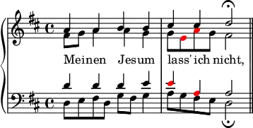 

\new PianoStaff <<
   \new Staff <<
    \set Score.tempoHideNote = ##t
    \tempo 4 = 60

{ \key d \major \time 4/4 }

       \relative c''
         {
           \voiceOne
           a a b b cis cis d2 \fermata \bar "||"
         }
         \new Voice {
           \voiceTwo
           fis'8 g' a'4 a' g' g'8 \override NoteHead.color = #red e' a' \override NoteHead.color = #black g' fis'2 \bar "||"

         }
\addlyrics { Mei _ -- nen Jes -- um lass' _ ich _ nicht,}
     >>

    \new Staff <<
{ \key d \major }
              \clef "bass"
              \relative c 
         {
           \voiceOne
           d'4 d d e \override NoteHead.color = #red e a, \override NoteHead.color = #black a2
         }
         \new Voice {
           \voiceTwo
           d8 e fis d g fis g4 a8 g fis e d2 \fermata
         }


     >>
 >>

