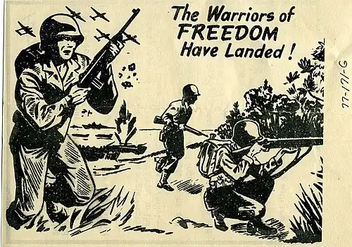 Flugblatt, das die US-Armee im Zweiten Weltkrieg über den Philippinen abwarf: das Wort FREEDOM (=&nbsp;Freiheit) in Versalien