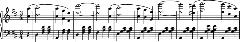 {
\new PianoStaff <<
\new Staff {\key b \minor \time 3/4 \set Score.tempoHideNote = ##t \tempo 2. = 52 \relative c' { \partial 4 <a' a'>( <b b'>2.)( <a a'>4 <fis fis'> <d d'>) <d' d'>2.~ <d d'>2 <a a'>4( <b b'>2.)( <a a'>4 <g g'> <e e'>) <e' e'>2.~ <e e'>2 <dis dis'>4( <fis fis'>2.)( <e e'>4 <cis cis'> <a a'>)}}
\new Staff {\clef bass \key b \minor \time 3/4 \partial 4 \relative c {r4 d4 <fis a d> q a, <fis' a> q d <fis a d> q fis <a d> q e <g a cis> q a, <g' a cis> q e <g a cis> q a, <g' a cis> q a, <g' a e'> q a, <g' a cis> q}}
>>
}