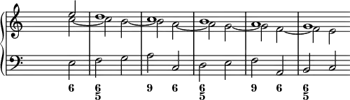 
\new PianoStaff <<
<< % wegen Generalbass
   \new Staff <<
    \set Score.tempoHideNote = ##t
    \tempo 4 = 160
    \override Staff.TimeSignature.transparent = ##t
     <<
     \new Voice = "first"
       \relative c''
         { \voiceOne s2 e d1 c b a g \bar "" }
     \new Voice = "second"
       \relative c'
         { \voiceTwo s2 c' ~ c b ~ b a ~ a g ~ g f ~ f e }
     >>
     >>
    \new Staff <<
           \override Staff.TimeSignature.transparent = ##t
              \clef "bass"
              \relative c { s e f g a c, d e f a, b c }
     >>
 >>
  \new FiguredBass {
    \figuremode { <_>2 <6> <6 5> <_> <9> <6> <6 5> <_> <9> <6> <6 5> <_> }
   }
>> % wegen Generalbass
