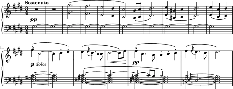 \header {
footer = ""
tagline = ""
}
\paper {
indent = 0
oddHeaderMarkup = #f
evenHeaderMarkup = #f
oddFooterMarkup = #f
evenFooterMarkup = #f
}
right = \relative b' {
R2.*2-\tweak extra-offset #'(0 . -1) \pp |
<gis gis'>2.( |
<fis fis'>2. |
<e e'>2 <dis dis'>4 |
<cis cis'>2) <b b'>8( <cis cis'> |
<dis dis'>2.) |
<e e'>4( <bis bis'> <cis cis'> |
<dis dis'>2.) |
<e e'>4( <cis cis'> <dis dis'>) |
gis'-^_\markup {\dynamic "p" \italic "dolce" }( cis,2 ~ |
cis4 dis-. e-.) |
e4\( \acciaccatura e8 dis4. cisis8 |
dis2\< ~ dis8\) fis |
fis4-^\pp( cis4. b8 |
b4-. cis-. dis-.) |
fis4\( \acciaccatura fis8 e4. dis8 |
e2.\) |
}
left = \relative b {
gis2. ~ |
gis2. ~ |
gis2. ~ |
gis2. ~ |
gis2. ~ |
gis2. ~ |
gis2. ~ |
gis2. ~ |
gis2. ~ |
gis2. |
<e gis ais cis>2.~ |
<e gis ais cis>2. |
<< { cis'2.( ~ |
cis2. ~ |
cis2 ~ cis8 b |
b2.) } \\
{ <dis, fisis ais>2. ~ |
<dis fisis ais>2. |
<dis fis! a!>2. ~ |
<dis fis a>2. } >> |
<< { <gis b>2. ~ |
\oneVoice\shiftOff \hideNotes <gis b>2 r4 \unHideNotes } \\
{ d!2. ~ |
\oneVoice\shiftOff <d e gis b>2. } \\
{ fis4 e2-\tweak Tie.extra-offset #'(0 . -0.8) ~ |
\oneVoice\shiftOff \hideNotes <d e gis b>2 s4 \unHideNotes } >>
}
\score {
\new PianoStaff <<
\new Staff {
\key cis \minor \time 3/4
\set Score.tempoHideNote = ##t
\tempo "Sostenuto" 4 = 140
\right
}
\new Staff {
\key cis \minor \time 3/4
\clef bass
\left
}
>>
\layout { }
\midi { }
}