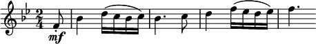 \relative f' {
\key bes \major \time 2/4
\partial 8 f8-. \mf bes4 d16( c bes c) bes4. c8 d4 f16( es d es) f4.
}